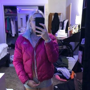 hot pink North Face puffy